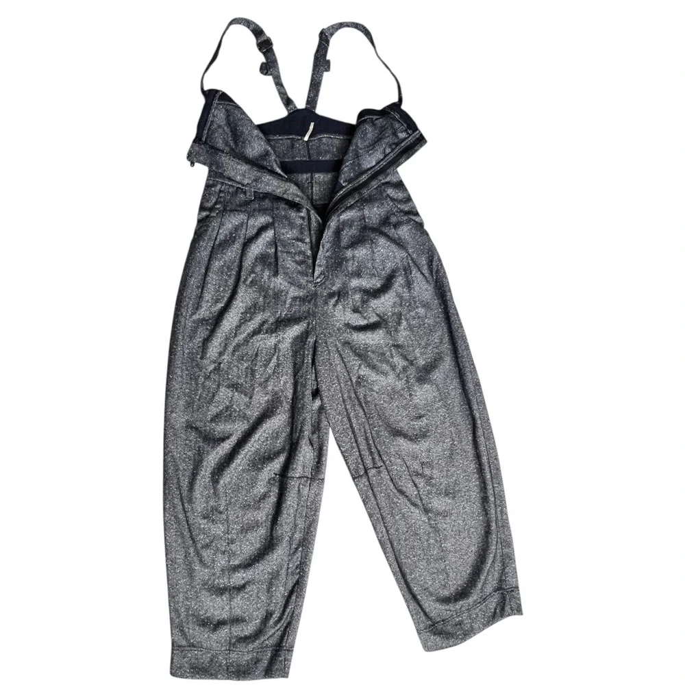 Free People Silver Herringbone Wide Leg Overalls Relaxed Jumpsuit Boho Size (M) - Picture 6 of 14